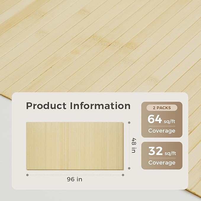 OUZUGIE 2 Pack 96x48 Inch Natural Bamboo Wall Panel – Raw Pole Wrap Paneling for Walls, Ceilings, Cabinets, Furniture – Ideal for Bedroom, Living Room & Office DIY Decor