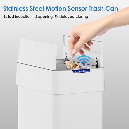 TLSUNNY 18.5 Gallon Automatic Trash Can, Stainless Steel Motion Sensor Garbage bin, Smart Trash Can W/Butterfly Lid, Bag Retainer Ring and Display Light for Living Room,Kitchen,Office (White, 70L)