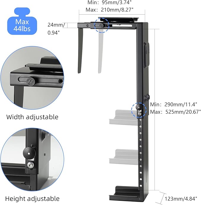 Pholiten Under Desk CPU Mount,Universal PC Wall Mount,3.94 to 11.61 inch Wide Computer Case CPU Hanger Holder,Adjustable 360° Swivel, Secure Lock, Max Load 44Lbs