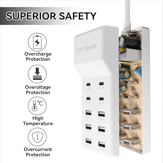 USB Charging Station with 6 USB-A & 4 USB-C Ports, 50W 10A USB Charging Block for Smart Phone, Tablet, Laptop, Multiple Devices - USB Power Strip with Auto-Detect Technology (1 PCS)