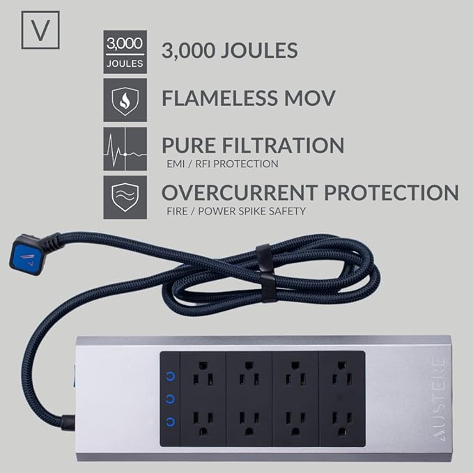 Austere V Series, 8 Outlet Surge Protector Power Strip, 3000 Joules, EMI/RFI Filtering, 3 USB-C and 2 USB-A 2.4 amp Ports, LED Indicators, Overcurrent Protection, 5 Year Component Guarantee