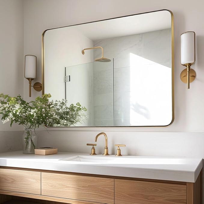 Andy Star Gold Bathroom Mirror,22x30'' Brushed Brass Metal Frame Rounded Corner Wall Mirror,Rectangle Wall Mounted Mirror Glass Panel Hangs Horizontal or Vertical for Bathroom,Vanity,Washroom