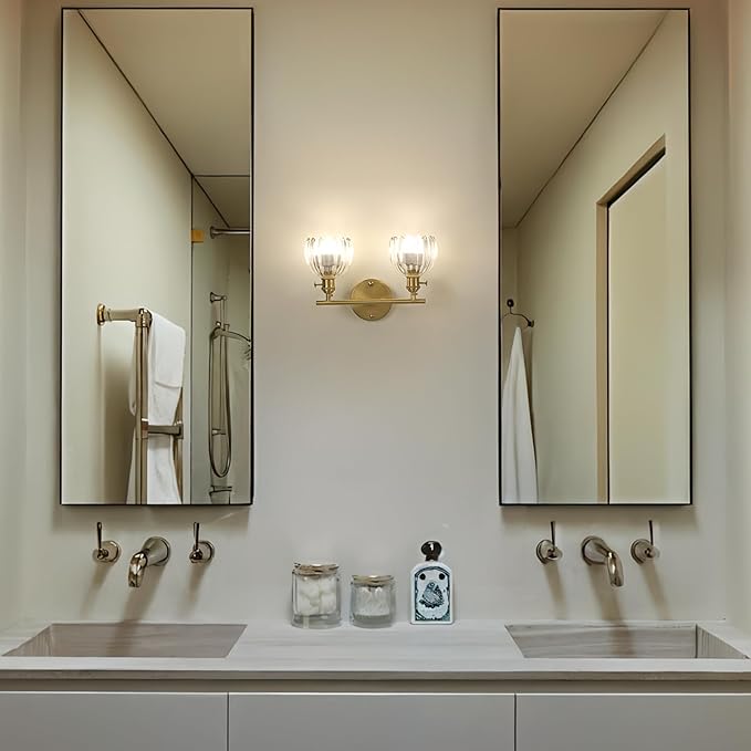 Shenmoyl Battery Operated Bathroom Light Fixtures, 2-Light Brass Vanity Wall Light with 5000mAh Rechargeable Bulb Over Mirror with Clear Tulip Glass Shade for Bedroom Living Room