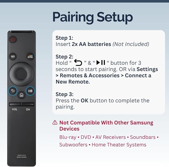 BN59-01295A Samsung TV Remote Control Replacement for Smart TV - Easy Setup, Durable Design, Universal Infrared Remote - Works with Samsung Smart, QLED, UHD, 4K, Curved, LED, LCD, & HDTV Models