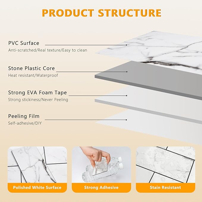 Vamos Tile Peel and Stick Backsplash Tile, 3''x6'' PVC Subway Tile, Stick on Backsplash for Kitchen/Bathroom/Fireplace,4-Piece Glossy Statury White with Dark Gray Grout