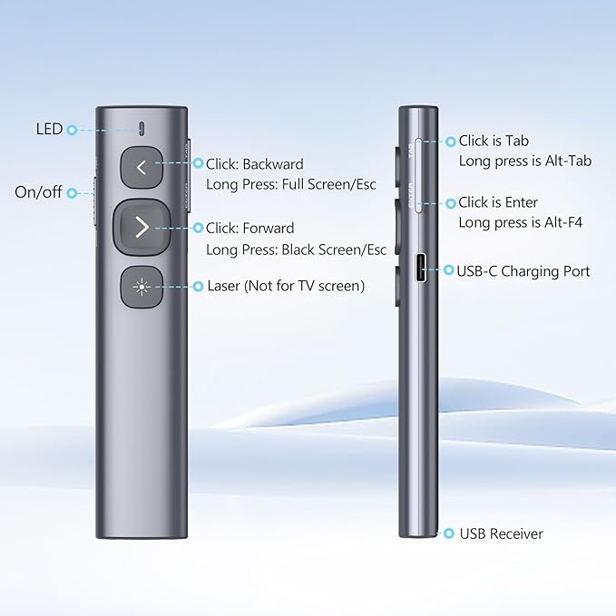 Norwii N95 Presentation Clicker, PowerPoint Clicker for Presentation Remote, Rechargeable Wireless Presenter Pointer, Slide Advancer for PC/Laptop/e-Book in Classroom, Auditorium, Church (Red, USB-A)