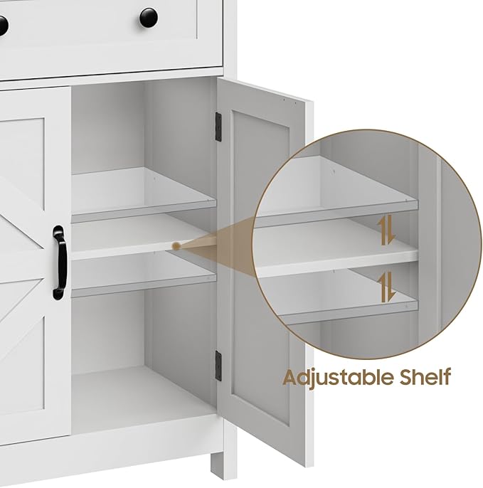 Farmhouse Bathroom Storage Cabinet with Barn Doors, Bathroom Storage Organizer with Drawers, Rustic Freestanding Floor Cabinet for Kitchen, Living Room, White