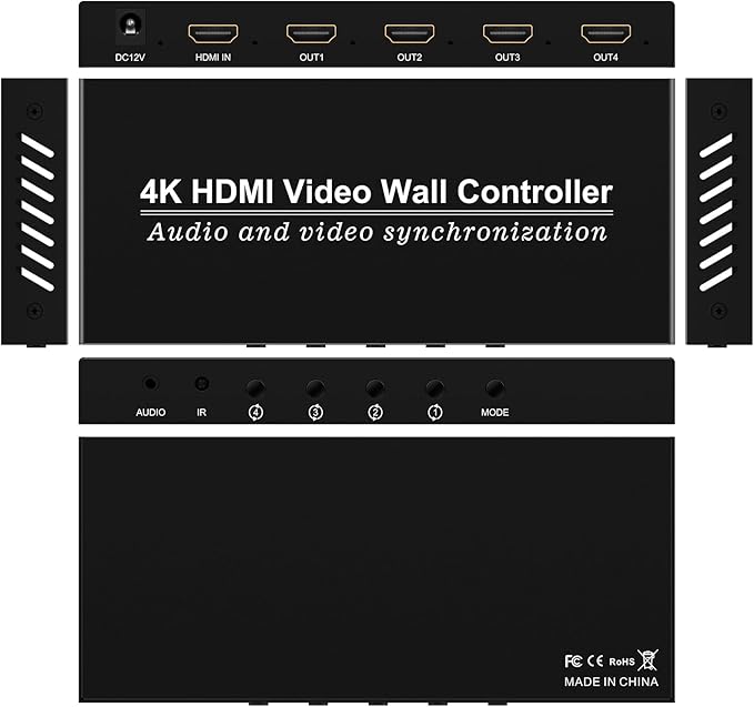 Video Wall Controller HDMI 1X4,Splicing Professional Processor with 4 HDMI+3.5mm Audio Output 180 Degree Rotate TV Wall Display 8 Splicing Modes 1x1, 1x2, 1x3, 1x4, 2x1, 3x1,4x1, 2x2