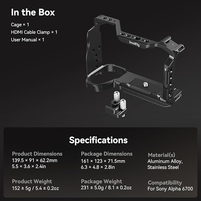 SmallRig Cage Kit for Sony A6700 with a Cable Clamp for HDMI, Built-in Quick Release Plate for Arca-Type, Film Movie Making Camera Video Cage with Shoe Mount, 1/4''-20 & 3/8''-16 Threaded Holes - 4336