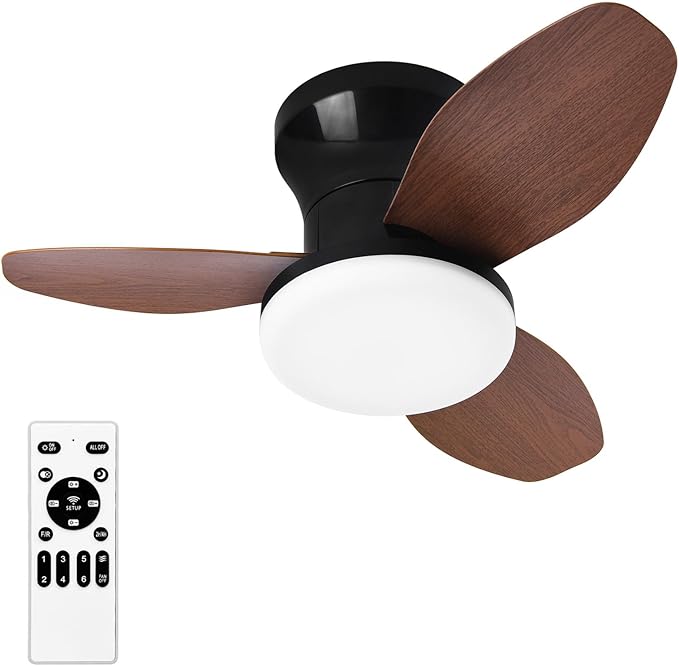 Glowall Small Ceiling Fan with Lights and Remote, 25 Inch Flush Mount, Reversible Quiet DC Motor, 3 Blades, 6 Wind Speeds, Dimmable LED, Adjustable Color Temperature, Timer