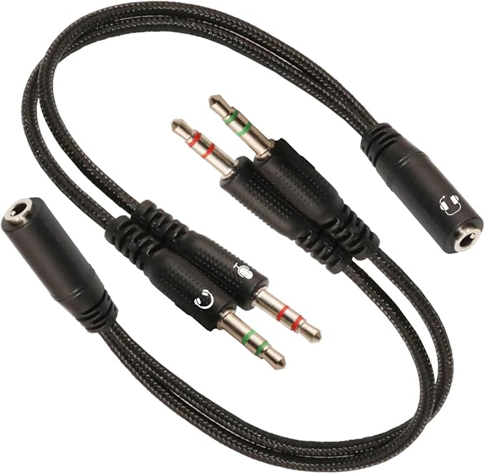 ZJKJHJY 3.5mm Audio Y Splitter Cable, Headphone and Microphone Adapter, 200mm Braided Cable, 2-Pack, Black