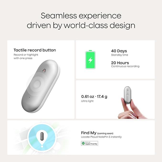 Plaud NotePin S AI Voice Recorder, Wearable AI Notetaker, AI Transcribe & Summarize, Support 112 Languages, 64GB Memory, Audio Recorder for Meetings Interviews with 4 Accessories, Silver
