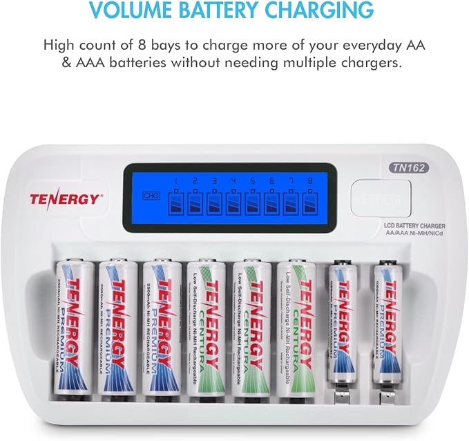 Tenergy TN162 8-Bay Smart LCD Battery Charger for Rechargeable AA/AAA NiMH/NiCd Batteries
