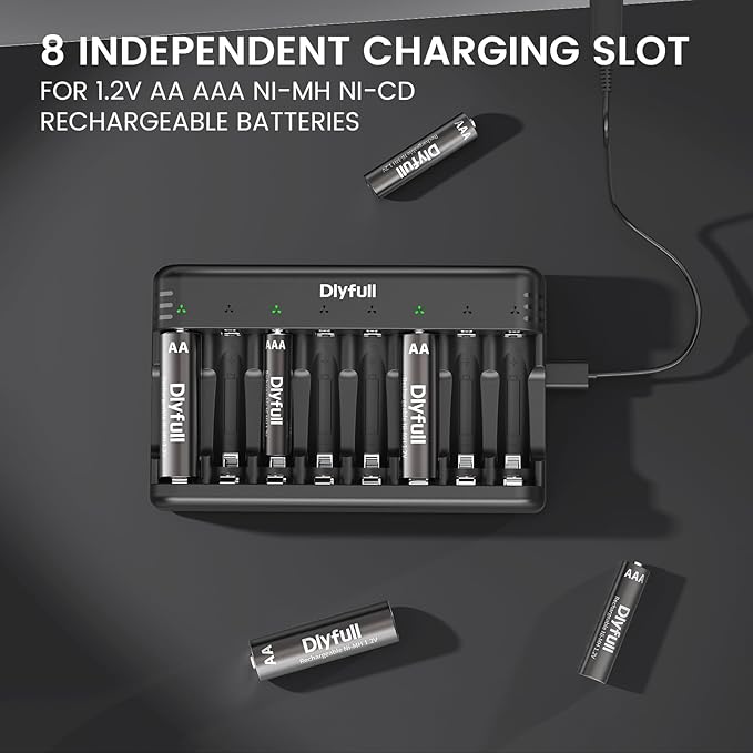 Dlyfull 8 Bay AA AAA Battery Charger with USB-C High-Speed Charging, Independent Slot for 1.2V Ni-MH Ni-CD Rechargeable Batteries, Cable Included