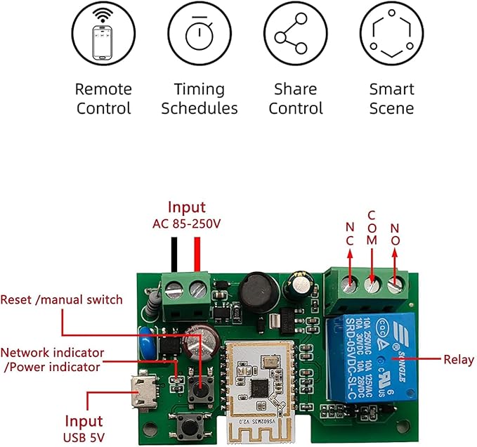 Newgoal 1 Channel Smart WiFi Relay Switching Module USB 5V/AC85V-250V, Supports Bluetooth Control, eWeLink App Remote Control, for Alexa Google Home
