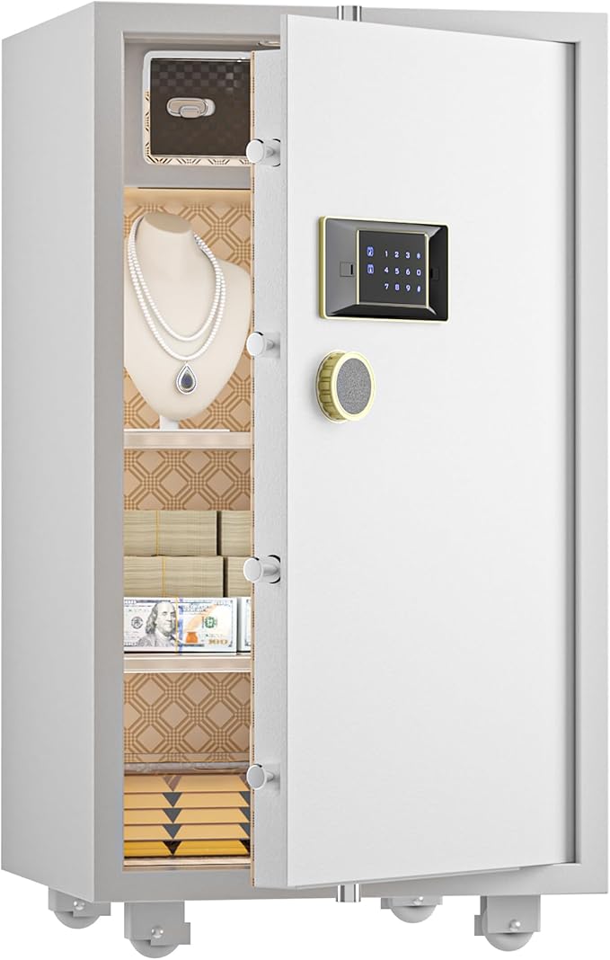 TIGERKING 7.2 Cu Ft Large Home Security Safe – Solid Steel Jewelry Cabinet with Digital Touchscreen Lock, Adjustable Shelves, Easy to Use, Anti-Theft Protection, for Families & Valuables (White)