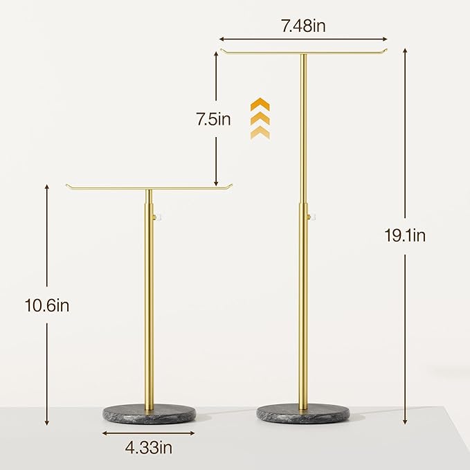 Josmimic Gold Necklace Holder Jewelry Organizer Stand – Adjustable Height T‑Bar Jewelry Display with Dark Gray Marble Base, Necklace & Bracelet Holder, Countertop Jewelry Stand