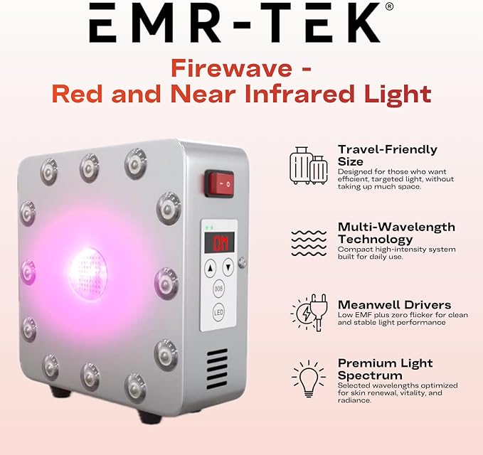 EMR-TEK Firewave | Red Light Therapy for Face & Body, Blend of Red (630nm 670nm) & Near-Infrared (830nm) Light | Portable LED Lamp for At-Home Skincare Wellness, Supports Recovery & Full-Body Sessions