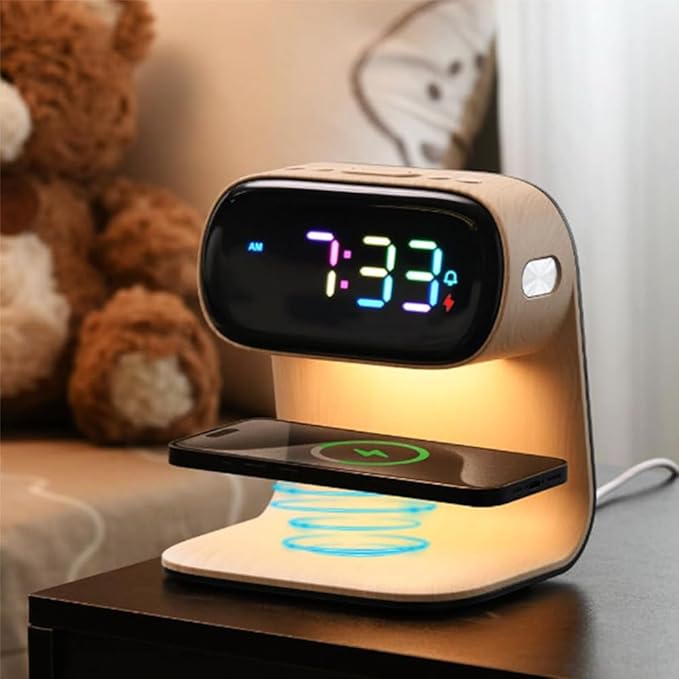 AYI 3in1 Multi-Functional Wireless Charging Alarm Clock Smart Night Light Qi Charger LED Digital Clock Adjustable Light 15W Fast Wireless Charging for All Qi Phone and TWS Headphone Pro Wood Color