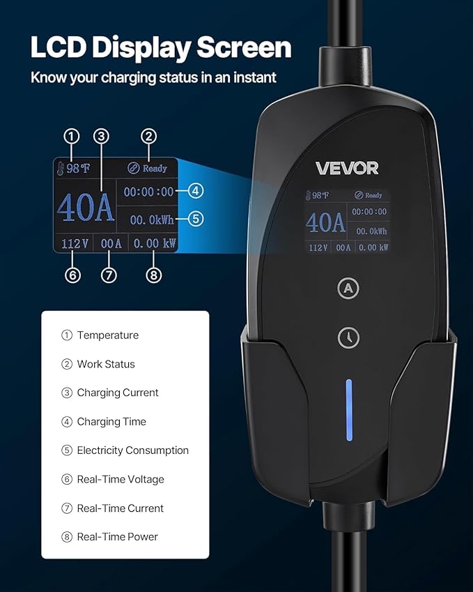 VEVOR Level 2 EV Charger, 40 Amp Adjustable Current, 240V Electric Vehicle Portable Charger with 25 ft Charging Cable, LCD Display, NEMA 14-50P Plug, Plug-in Home Car Charging Station for SAE J1772 EV