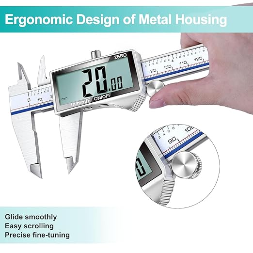 Kynup Digital Caliper Measuring Tool, Vernier Dial Caliper Digital Outside Micrometer, 6 Inch Caliper DIY Tool, Stainless Steel, Large Screen, Splash Proof, Inch Metric Fraction Switch