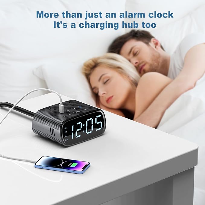 Sussex Alarm Clock with 2 USB-C, 2 USB-A Chargers Power Strip 2 Outlets - Screen LED Dimmable Digital Clock with Snooze Function - Dual Alarm for Bedside Nightstand