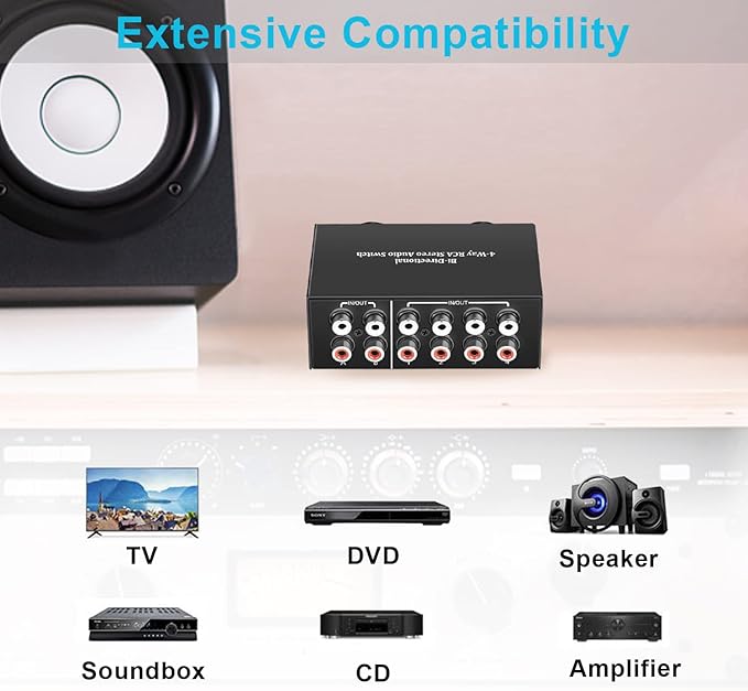 4-Way Stereo Audio Switcher, Bi-Directional Audio Selector Box for Blu-ray Players or DVD Players Active Speakers (2In-4Out/4In-2Out)