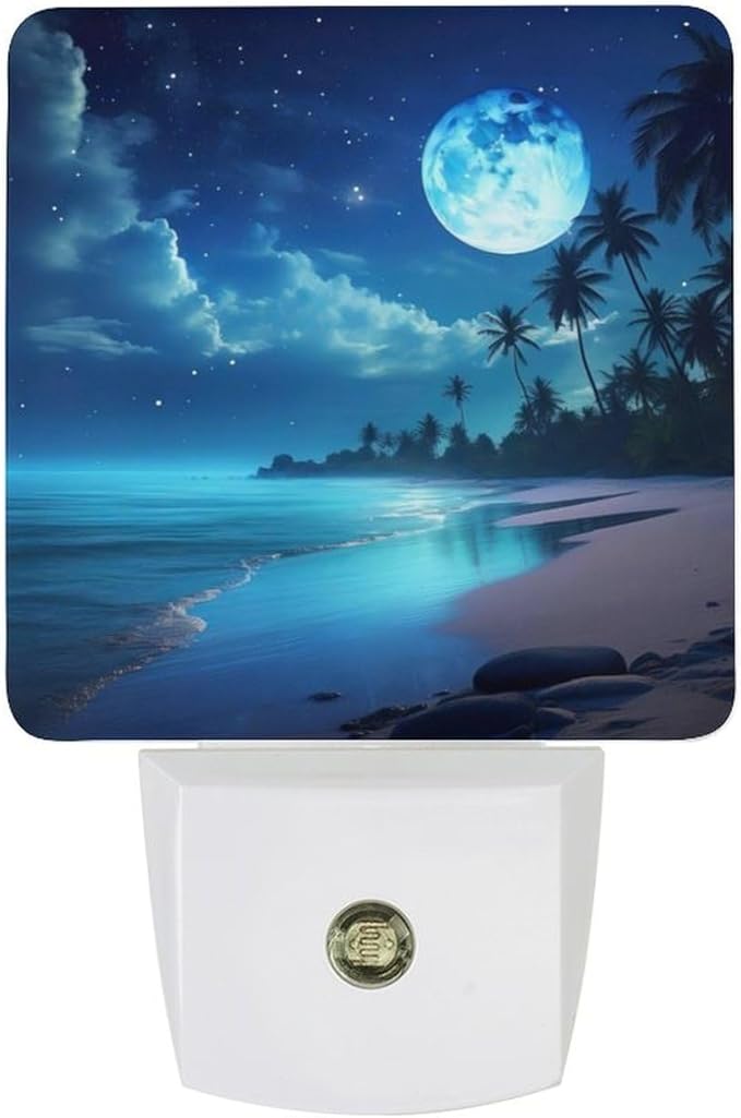 YKJAHSD Moon Beach Night Light, Plug into Wall Decor Nightlights for Bedroom, Bathroom, Hallway, Kitchen, with Dusk to Dawn Light Auto Sensors LED Night Lights for Boys Girls Women Men Room Gifts