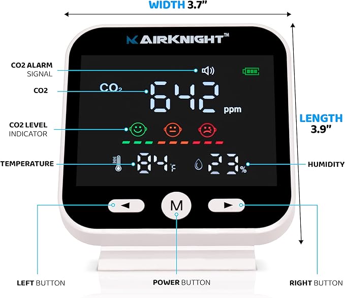 AirKnight Monitoring CO2 Monitor Indoor with Bonus Humidity & Temperature Readings | Carbon Dioxide Meter, Homebrewing - Carbon Dioxide Detector, Portable CO2 Detector, CO2 Meter Indoor, CO2 Sensor