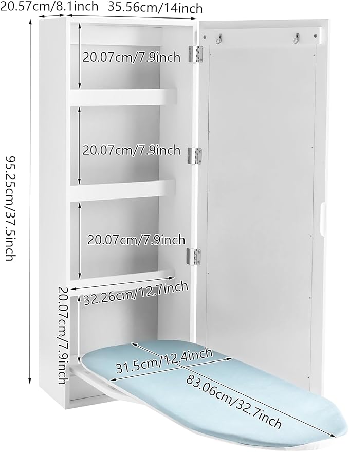 Wall Mounted Ironing Board Cabinet with Storage and Miror Door, 180° Swivel Ironing Boards with Garment Hooks, Foldable Ironing Storage Station for Home, Laundry Room, White