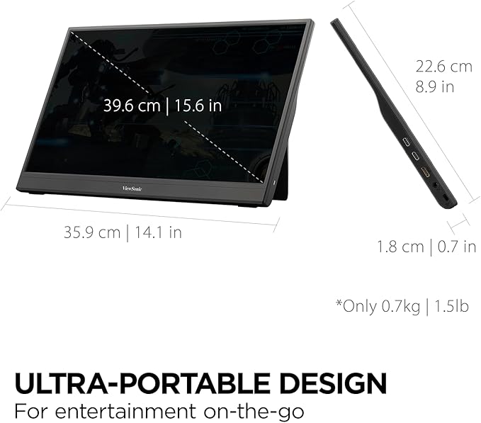 ViewSonic VX1654 16 Inch 1080p IPS Portable Gaming Monitor with 144Hz, AMD FreeSync, 2 Way Powered 60W USB C, Mini HDMI, and Built-in Stand with Protective Cover