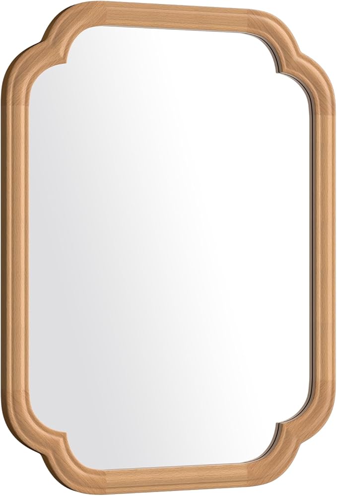 Natural Wood Framed Mirror,18X24 Inch Bathroom Mirror for Over Sink Modern Rounded Corner Rectangle Wall Mounted Mirror (Horizontal/Vertical)