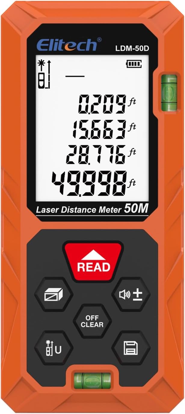 Elitech Laser Measuring Tool 165ft, Digital Laser Tape Measure with Dual Bubble Levels, 99 Data Memory & Mute, Ft/In/M High Precision Measuring Tool for Home Renovation & Decoration (Battery Included)