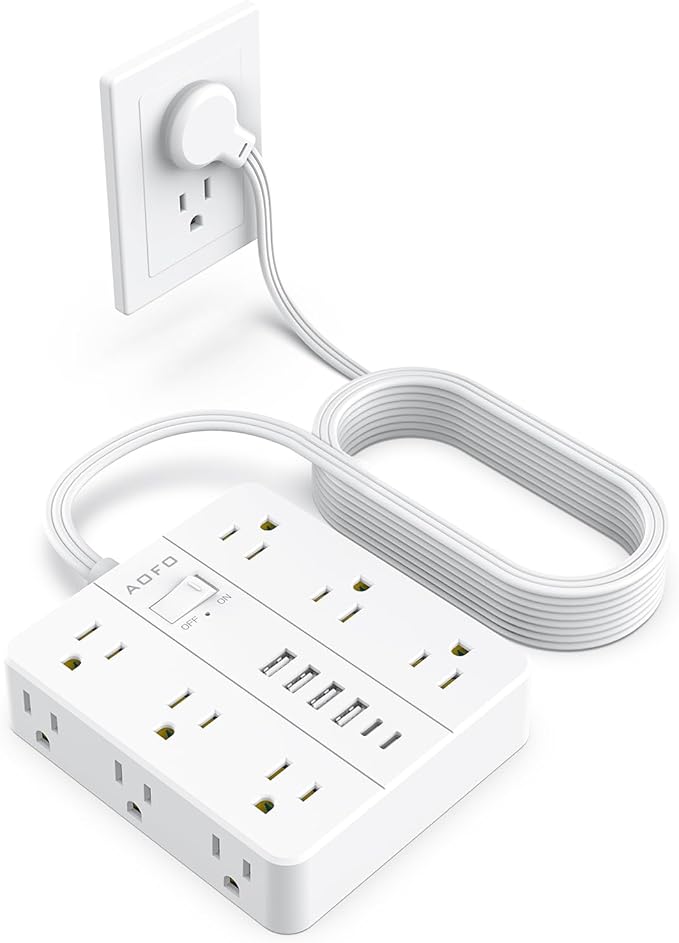 AOFO 15FT Surge Protector Power Strip,12 AC Outlets with 6 USB Ports (2 USB-C), Flat Plug Extension Cord with Multiple Outlets, Wall Mount for Home Office,Dorm, White