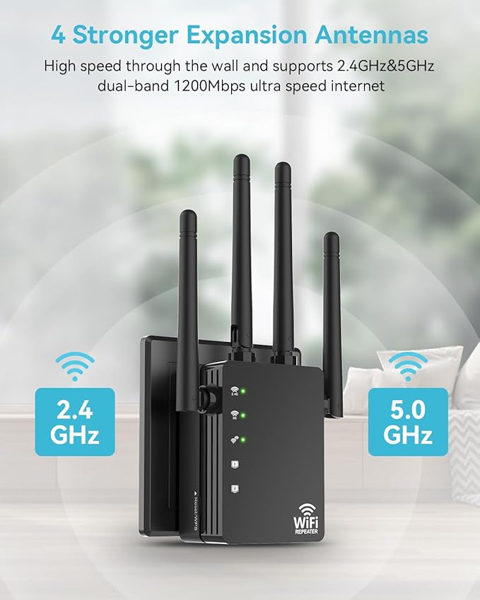 105-Device Compatible WiFi Extender Signal Booster, WiFi Extender, 12880 Sq.Ft Long Range, Dual Band 5GHz/2.4GHz 1200Mbps, Simple Installation for Home & Outdoor