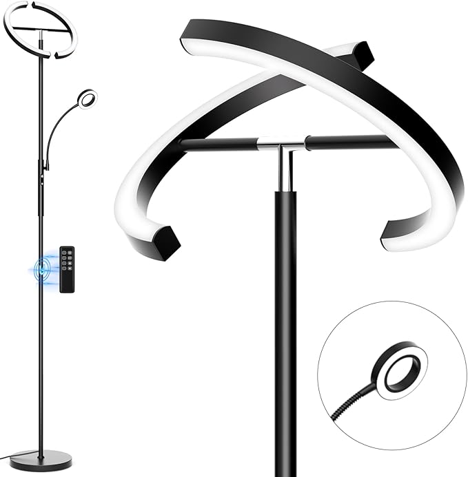 SIBRILLE LED Floor Lamp for Living Room - Modern Standing Lamp with Reading Light, Remote Touch Control Floor Light Dimmable Mother-Daughter Tall Bedroom Lamp for Couch Office, 29W, Black