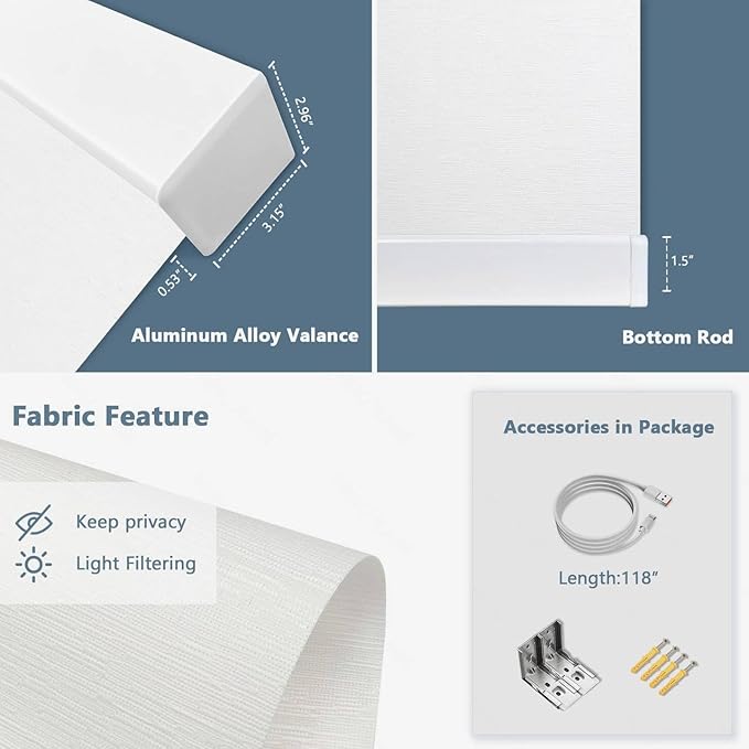 COOLWINDS Motorized Blinds with Remote Cordless Automatic Motorized Shades Custom Blinds for Windows Smart Curtains Compatible with Alexa Google Home(Light Filtering Jacquard White,W63 x H72in)