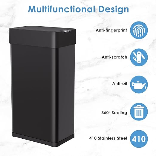 Arlopu 18.5 Gal Automatic Trash Can, 70 Stainless Steel Motion Sensor Garbage Bin, Touchless Brushed Wastebasket, W/Butterfly, Soft-Close Lid, for Living, Dinning Room, Kitchen ((Black)