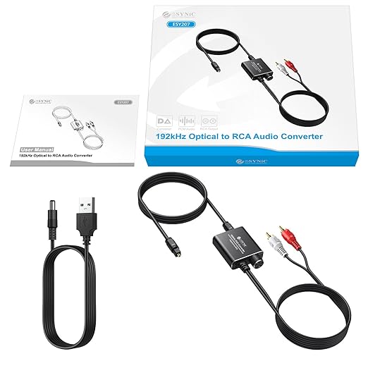 eSynic Portable Optical to RCA Adapter-Volume Control-Built in Voice Amplifier Chilp- 192kHz DAC Converter with 7ft Cable-Plug & Play- for Gaming Console/Blu-Ray/DVD/HDTV to R/L Stereo Audio System