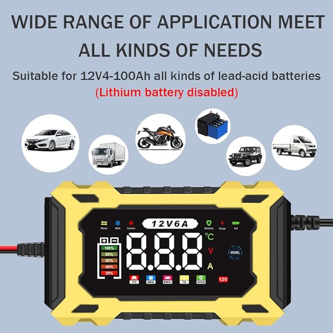 6-Amp 12V Smart Car Battery Charger, Battery Maintainer Trickle Charger with Desulfator, Pulse Repair & Overcharge Protection - for Car Lawn Mower Marine Lead-Acid Batteries (Yellow)
