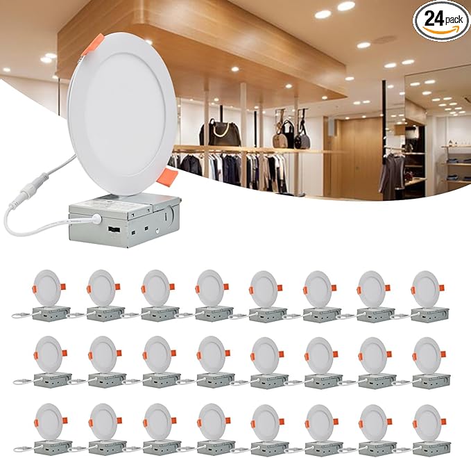 MKUJOO 24 Pack 4 Inch Ultra-Thin LED Recessed Ceiling Light with Junction Box,Panel Light,Daylight, 9.5W,2700K/3000K/3500K/4000K/5000K Selectable Dimmable Downlight ETL&FCC&CE Energy Star Certified
