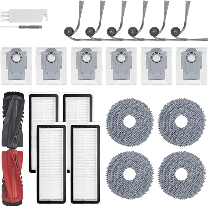 24Pcs Qrevo S5V Accessories Kit Replacement Compatible with Roborock Qrevo S5V/Curv/Edge Robot Vacuum, 1Pair Main Brush, 4 Mop Cloth Pads, 6 Side Brushes, 4 HEPA Filters,6 Dust Bag, 1 Cleaning Tool