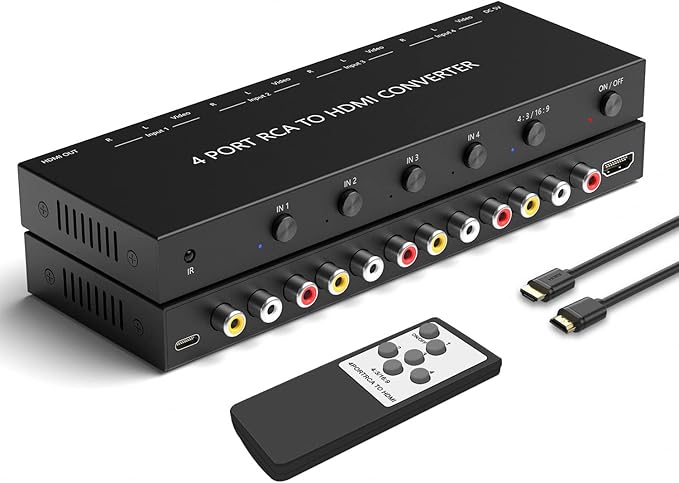 Azduou 4 AV to HDMI, 1080P/720P 4 Way RCA Composite CVBS AV Switch to HDMI Converter Adapter Support 4:3/16:9 Switching, for Sega Xbox PS1 PS2 PS3 N64 NGC SNES WII VHS VCR Camera DVD （with Remote）