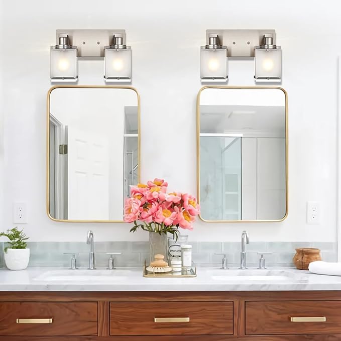 WINSHEN 2-Lights Wall Sconce Lighting, Brushed Nickel Bathroom Vanity Light Fixture with Rectangular Frosted Glass for Over Mirror, E26 Bulb Base
