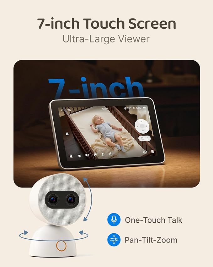 Simsky Split Screen Video Baby Monitor with Cameras, Dual 4MP Cameras with 6X Zoom, 7" UHD Touch Screen Portable Audio Baby Monitor 32GB Local Storage
