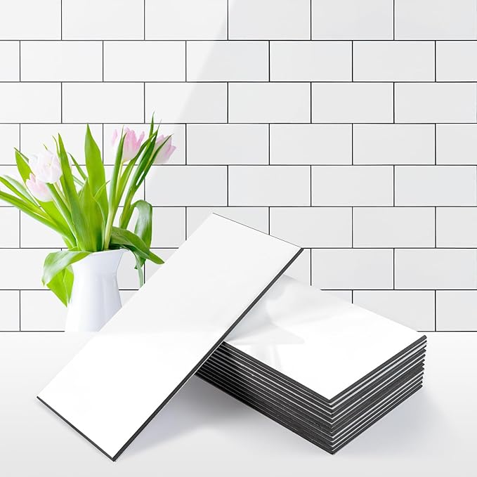Vamos Tile 100-Piece Glossy Pure White Peel and Stick Backsplash Tile,3''x6'' PVC Subway Tile with Dark Gray Grout,Stick on Backsplash for Kitchen/Bathroom/Fireplace