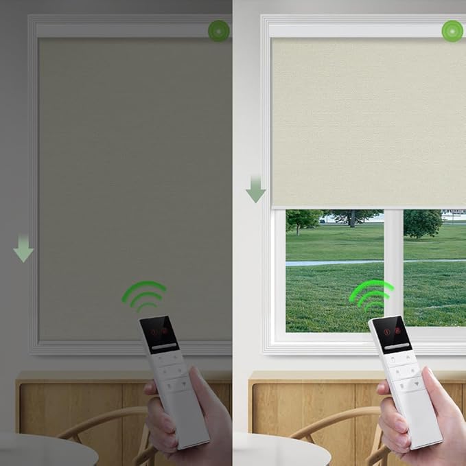 ZSHINE Motorized Blackout Window Blinds Customize Width Remote Control Rechargeable Motor Roller Shades for Windows, Home, Office, Hotel, Club, Restaurant(82026B)