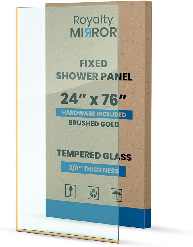 Royalty Fixed Shower Screen - 24" x 76" Frameless 3/8" Clear Tempered Glass Panel with Hardware - Easy Clean Smart Guard Coating - Minimalist Modern Design for Bathroom - Brushed Gold