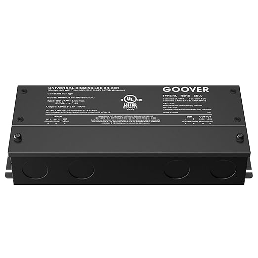GOOVER 100W Dimmable LED Driver, 12V Triac Dimmable Power Supply, AC to DC Transformer for LED Light, Compatible with Lutron and Leviton Dimmer, Waterproof IP67 and UL Listed