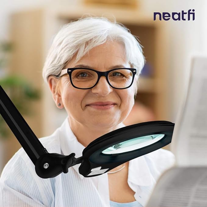 Neatfi LED Magnifying Floor Lamp – 1,200 Lumens, 5” Bifocal Lens with 5 & 20 Diopter, Dimmable, Adjustable Arm, Rolling Base, Floor Lamp for Reading, Sewing, Crafting (5 Inches, Black)
